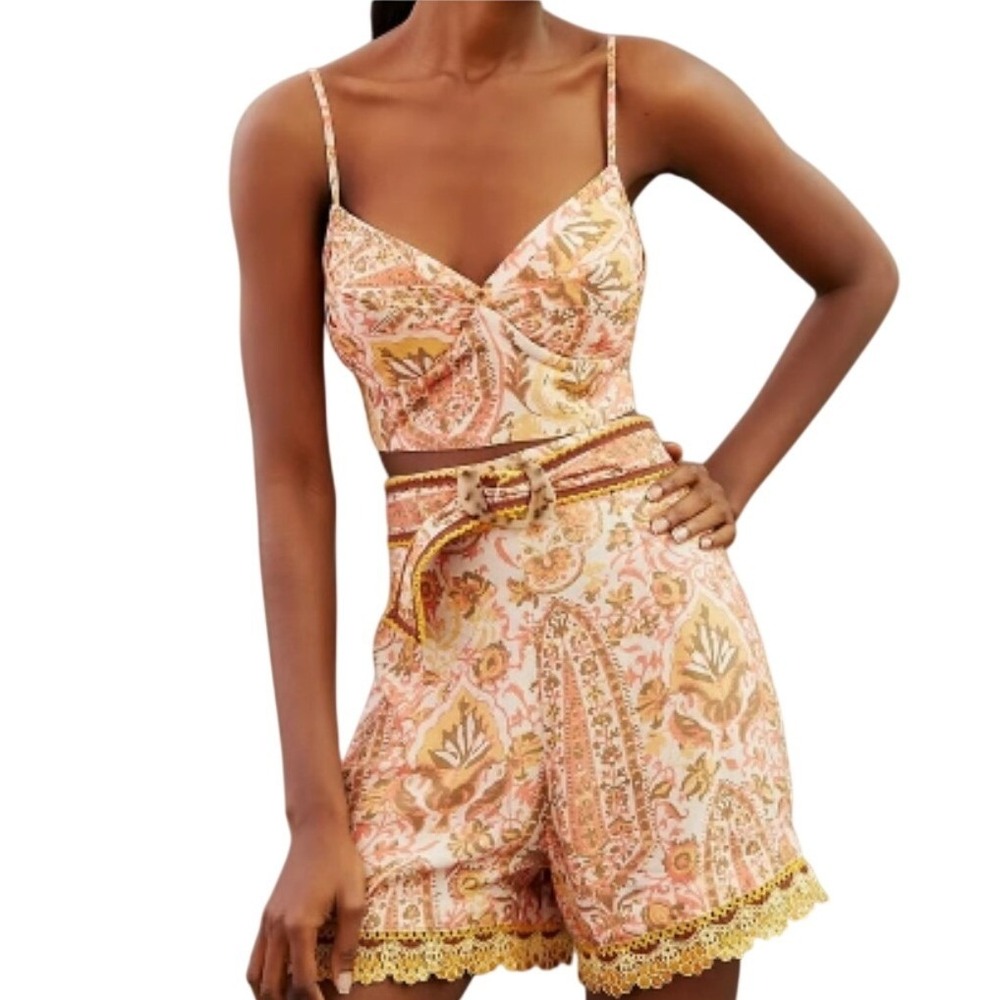 Anthropologie Letmebe Paisley 2 Piece Set Pink Multi Crochet Trim‎ Shorts Top XL